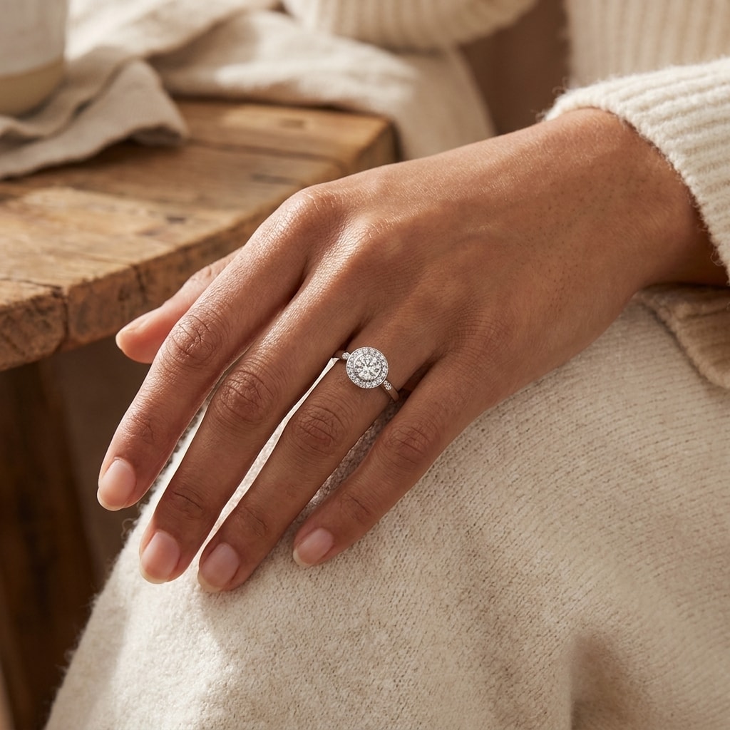 Vintage_Diamond_Round_Shape_Halo_Engagement_Ring_On_Hand