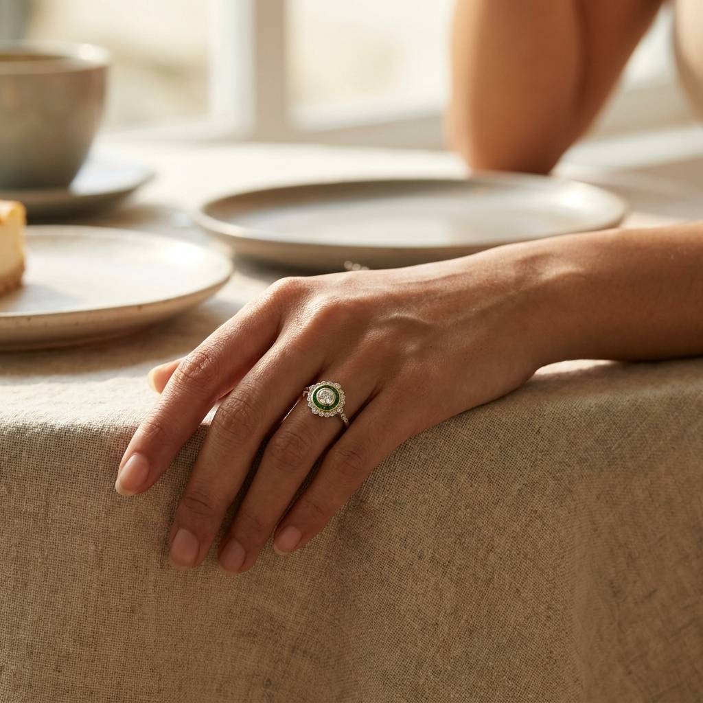 Vintage_Style_Emerald_Halo_Lab_Grown_Diamond_Engagement_Ring_On_Hand