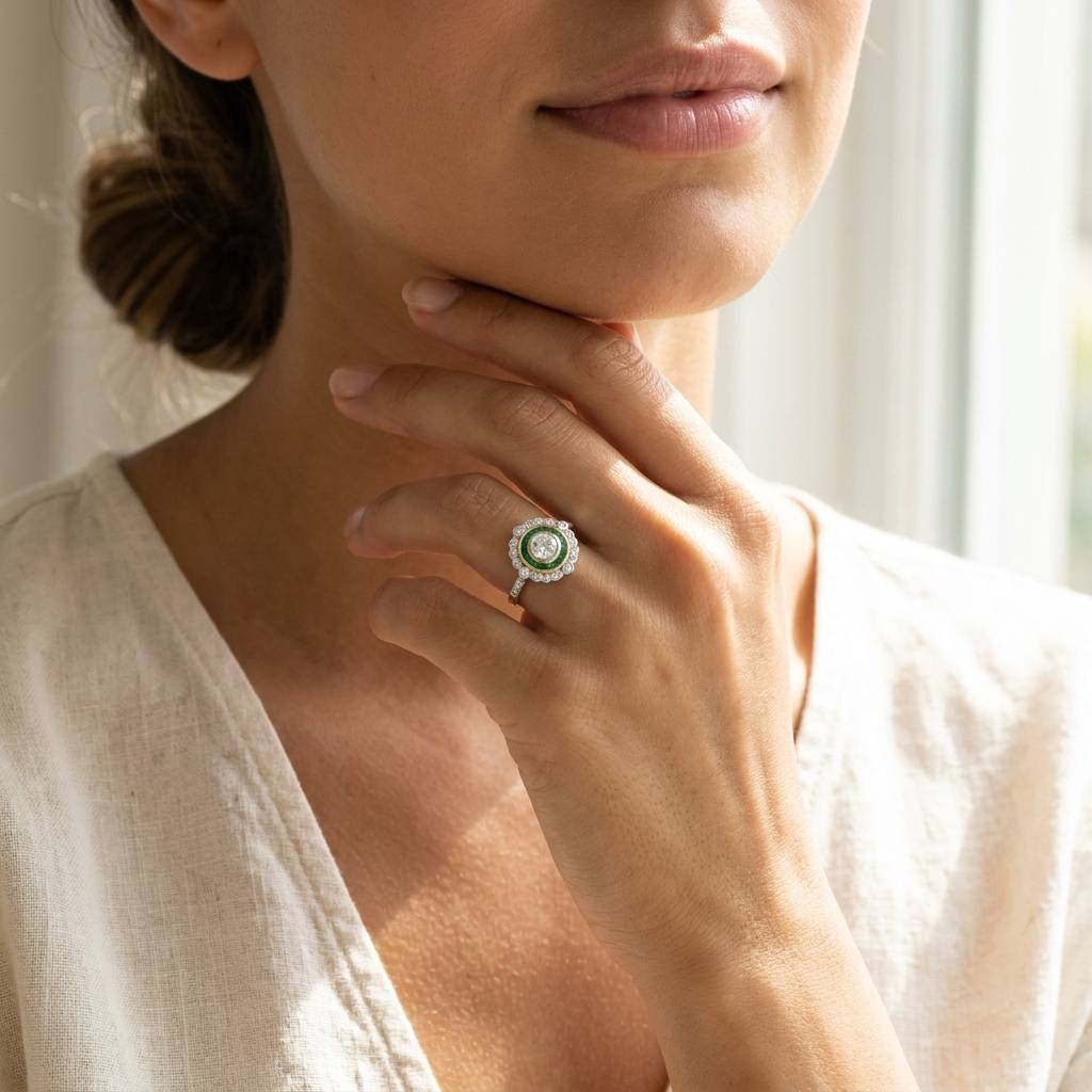 Vintage_Style_Emerald_Halo_Lab_Grown_Diamond_Engagement_Ring_On_Model