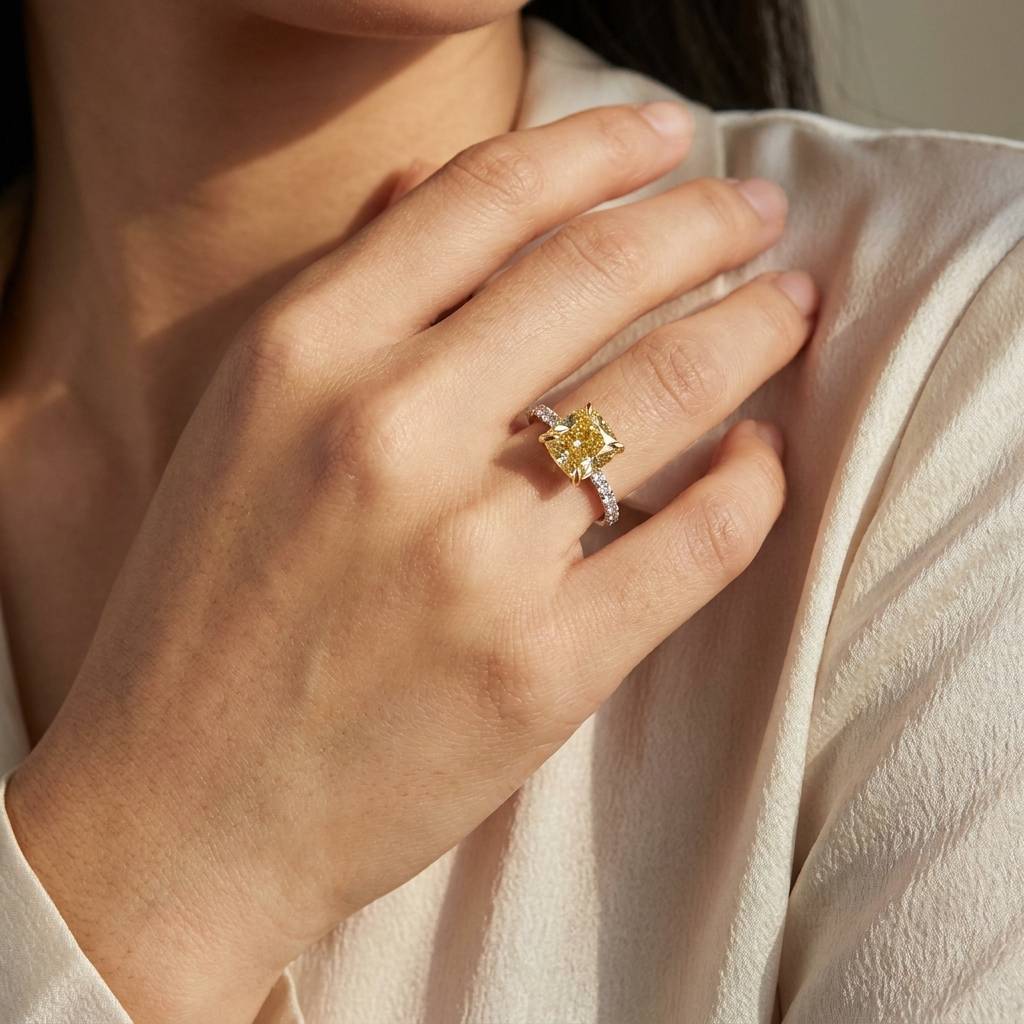 Yellow_Diamond_Cushion_Shape_Micro_Setting_Engagement_Ring_On_Hand