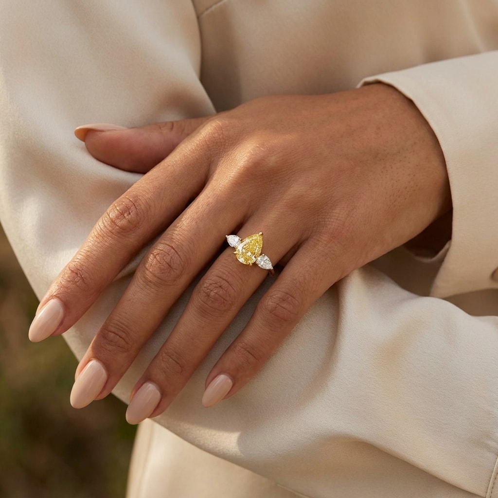 Yellow Diamond Pear Trilogy Engagement Ring On Hand
