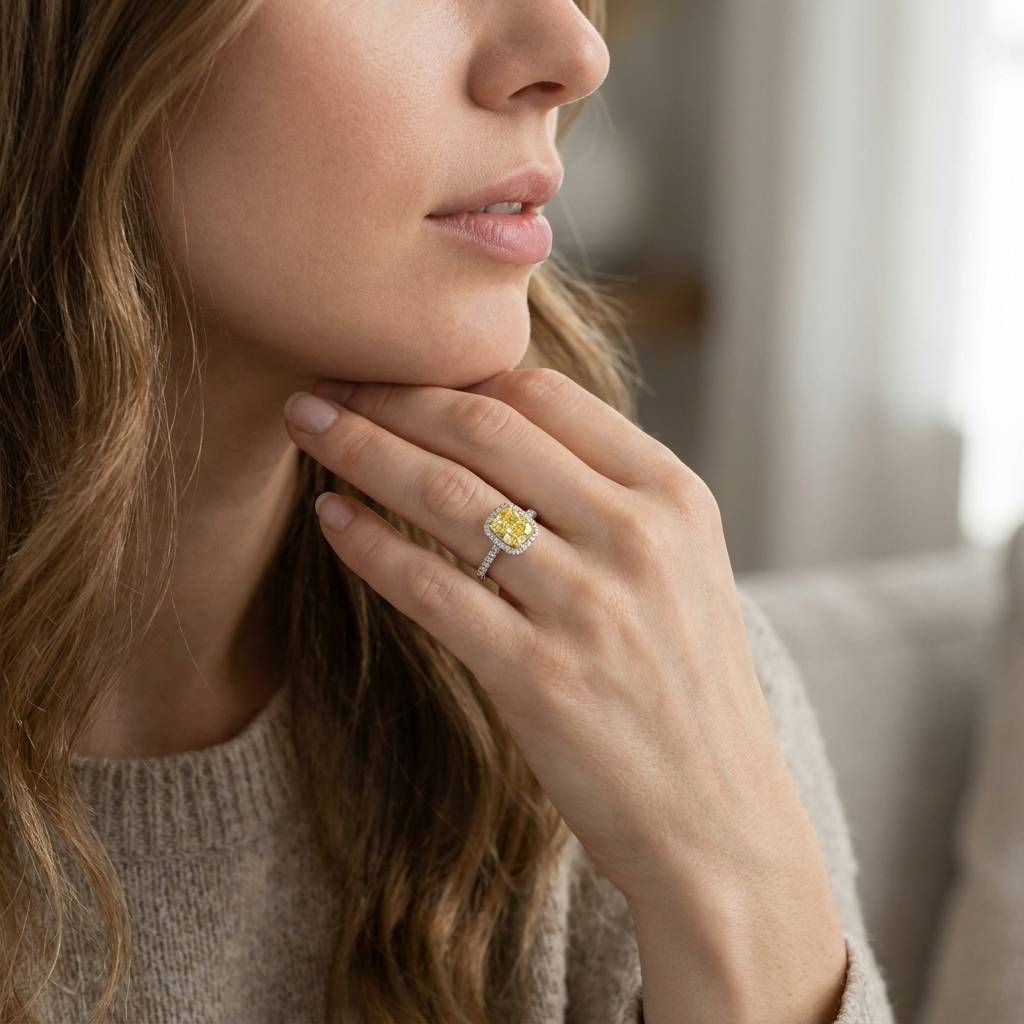 Yellow_Elongated_Cushion_Halo_Diamond_Engagement_Ring_On_Model
