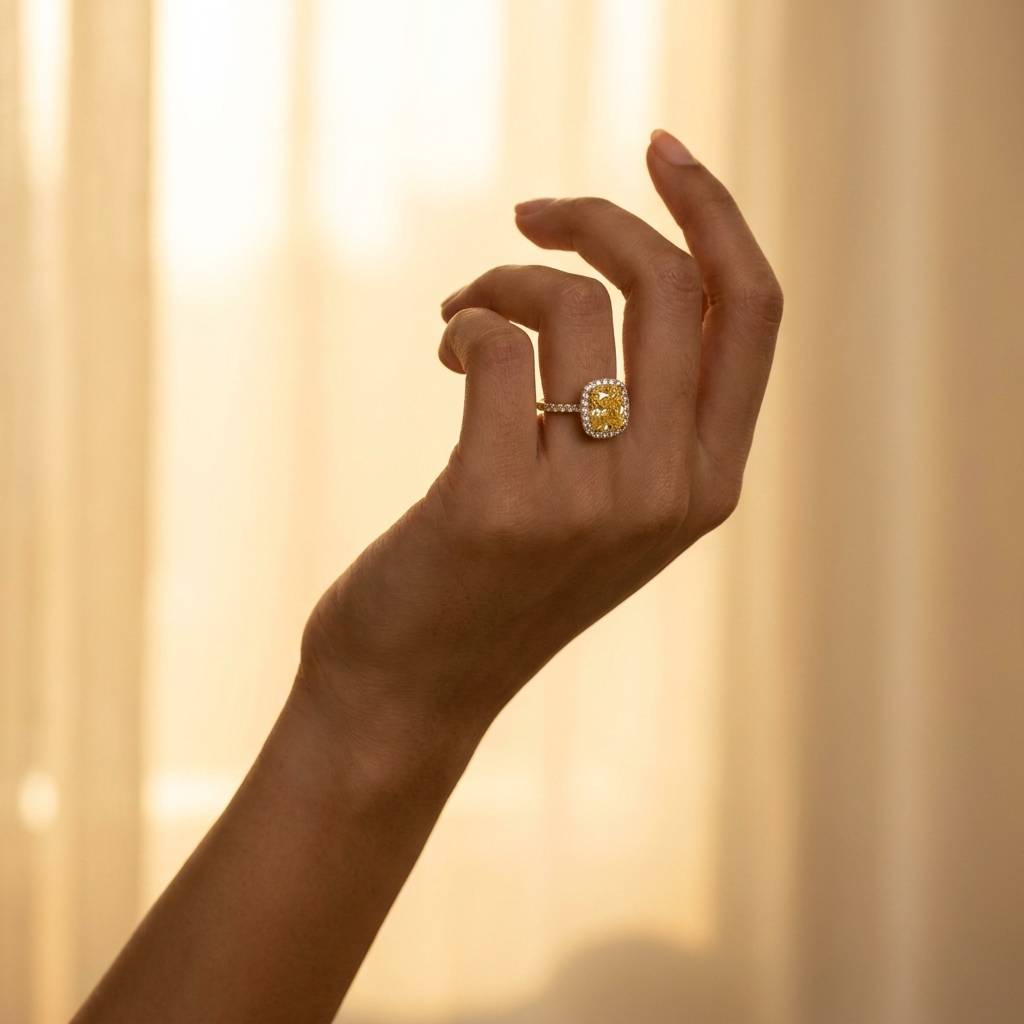 Yellow_Elongated_Cushion_Halo_Diamond_Engagement_Ring_On_Hand