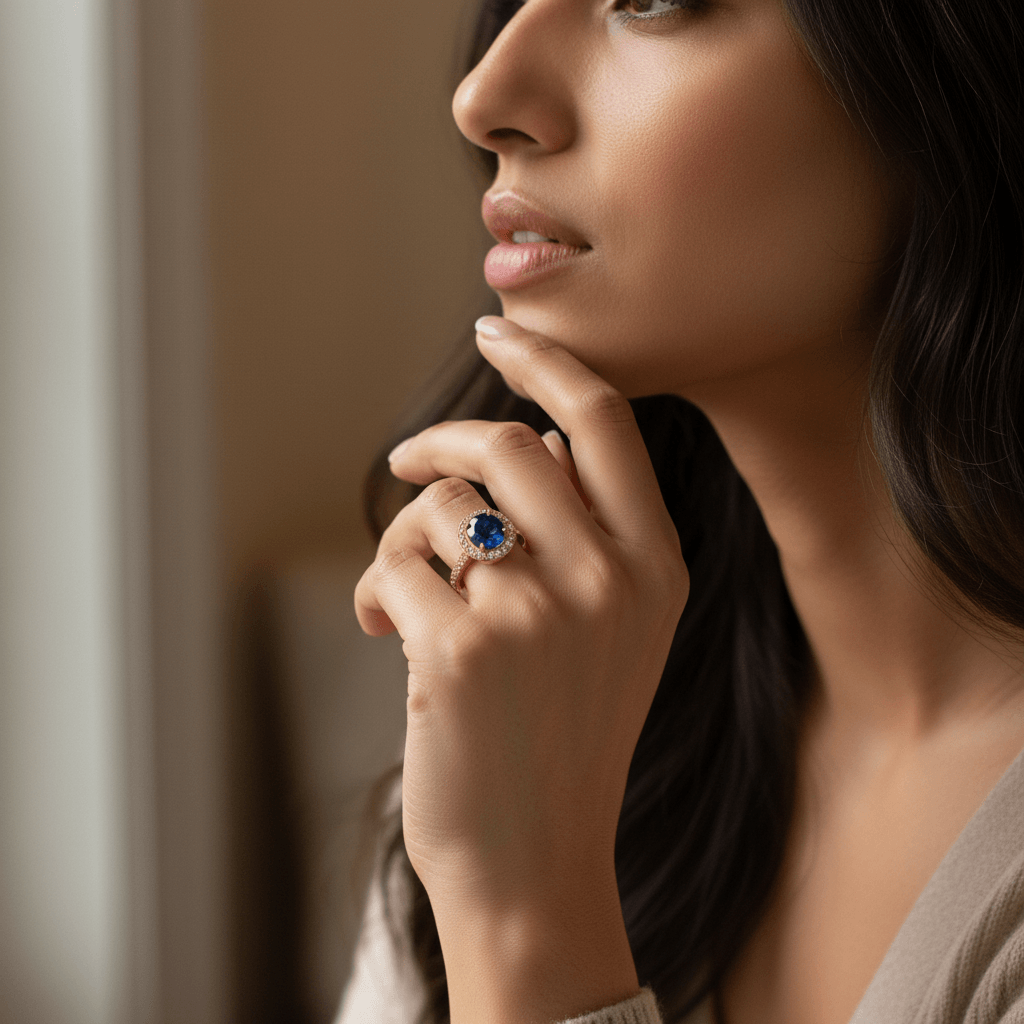 Yellow Gold Blue Oval Sapphire Diamond Halo Engagement Ring - alternate view