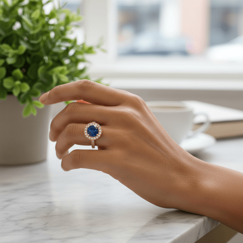 Yellow_Gold_Blue_Oval_Sapphire_Diamond_Halo_Engagement_Ring_On_Hand
