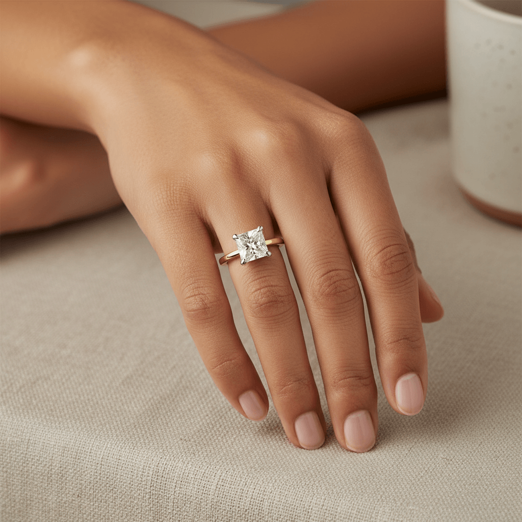 Yellow_Gold_Princess_Cut_Lab_Grown_Solitaire_Engagement_Ring_On_Hand