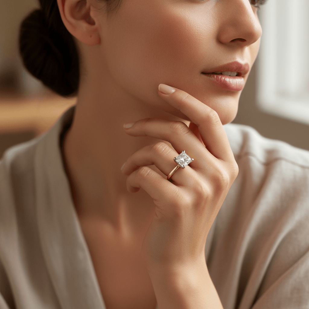 Yellow_Gold_Princess_Shape_Solitaire_Engagement_Ring_On_Model