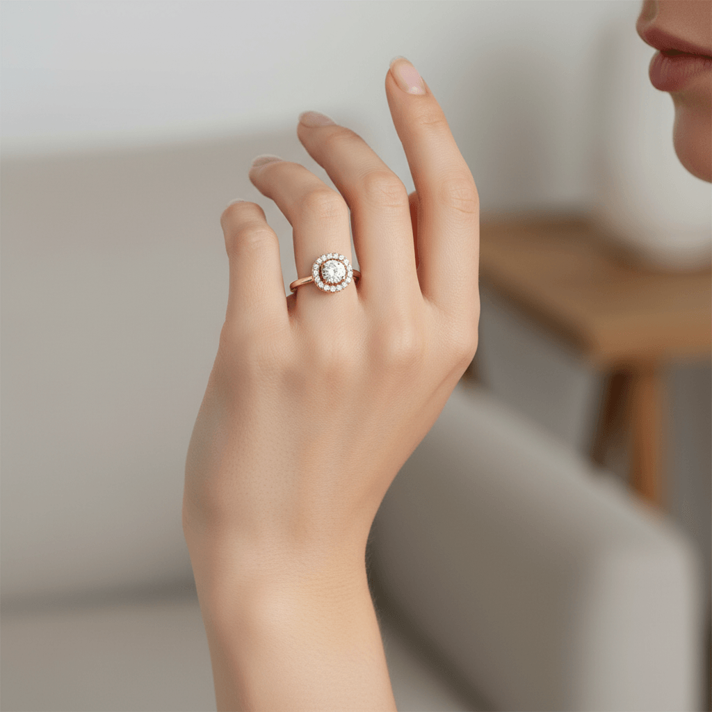 Yellow_Gold_Round_Cut_Lab_Grown_Diamond_Halo_Engagement_Ring_On_Hand