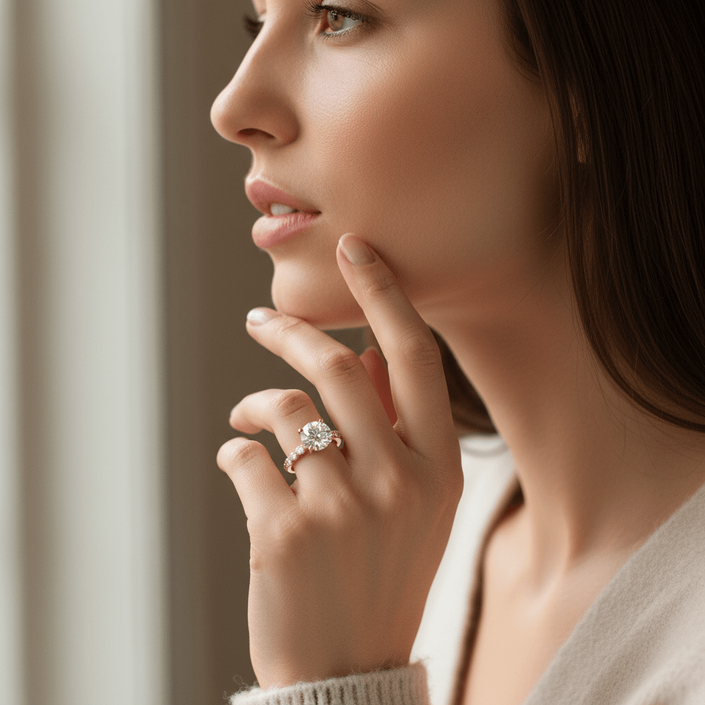 Yellow_Gold_Round_Cut_Shoulder_Set_Diamond_Engagement_Ring_On_Model