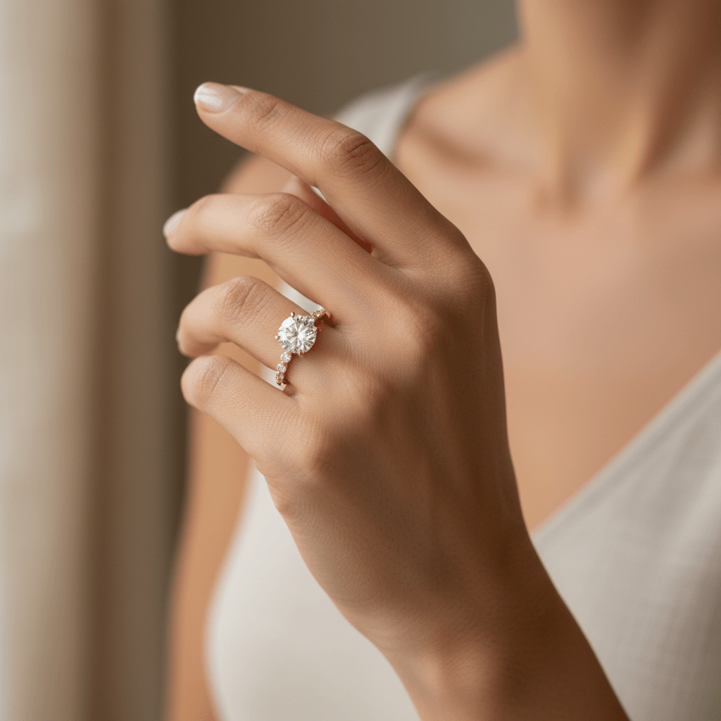 Yellow_Gold_Round_Cut_Shoulder_Set_Diamond_Engagement_Ring_On_Hand