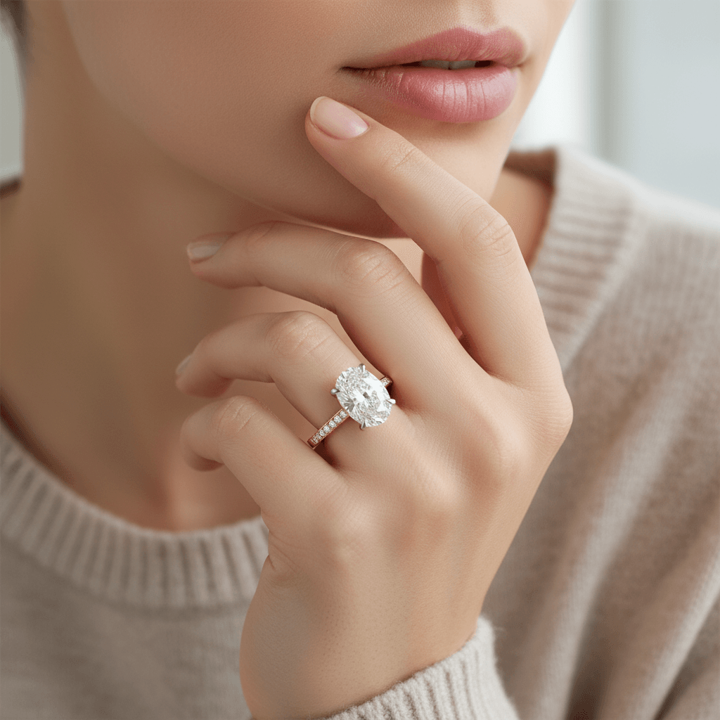 Yellow_Gold_Shoulder_Set_Lab_Grown_Oval_Shape_Engagement_Ring_On_Model