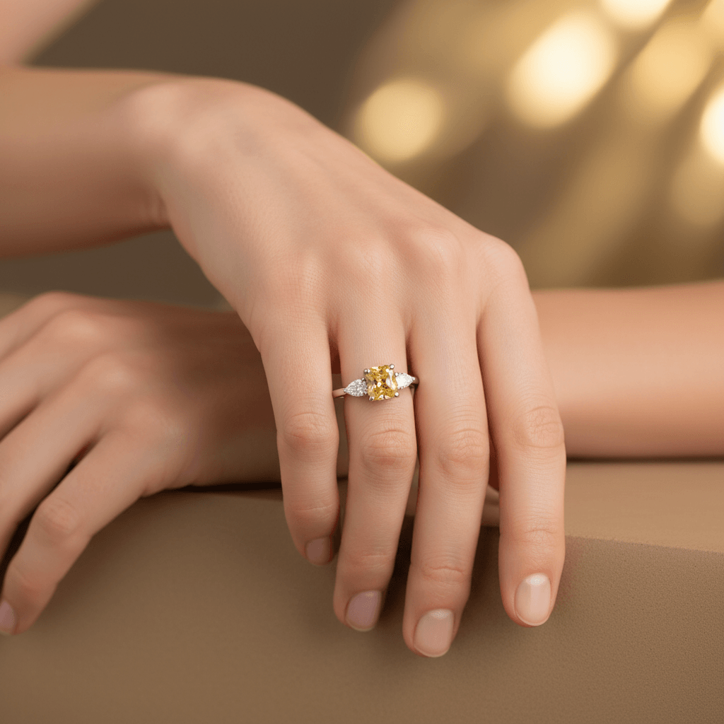 Yellow_Lab_Grown_Diamond_Cushion_Pear_Side_Engagement_Ring_On_Hand