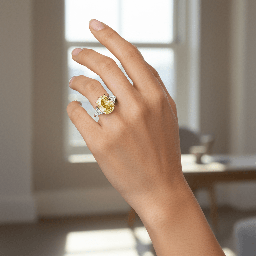 Yellow_Oval_Diamond_Triangle_Side_Stones_Engagement_Ring_On_Hand