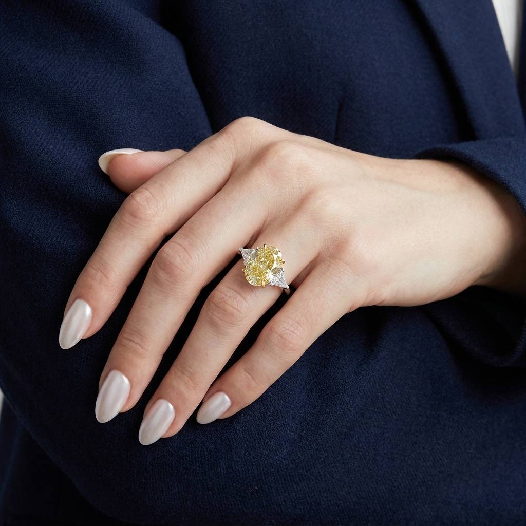 Yellow Oval Lab Grown Diamond Triangle Side Engagement Ring On Hand