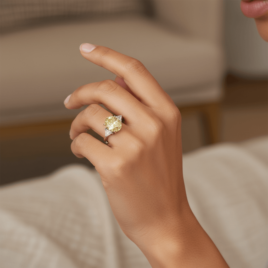 Yellow_Oval_Lab_Grown_Diamond_Triangle_Side_Engagement_Ring_On_Hand