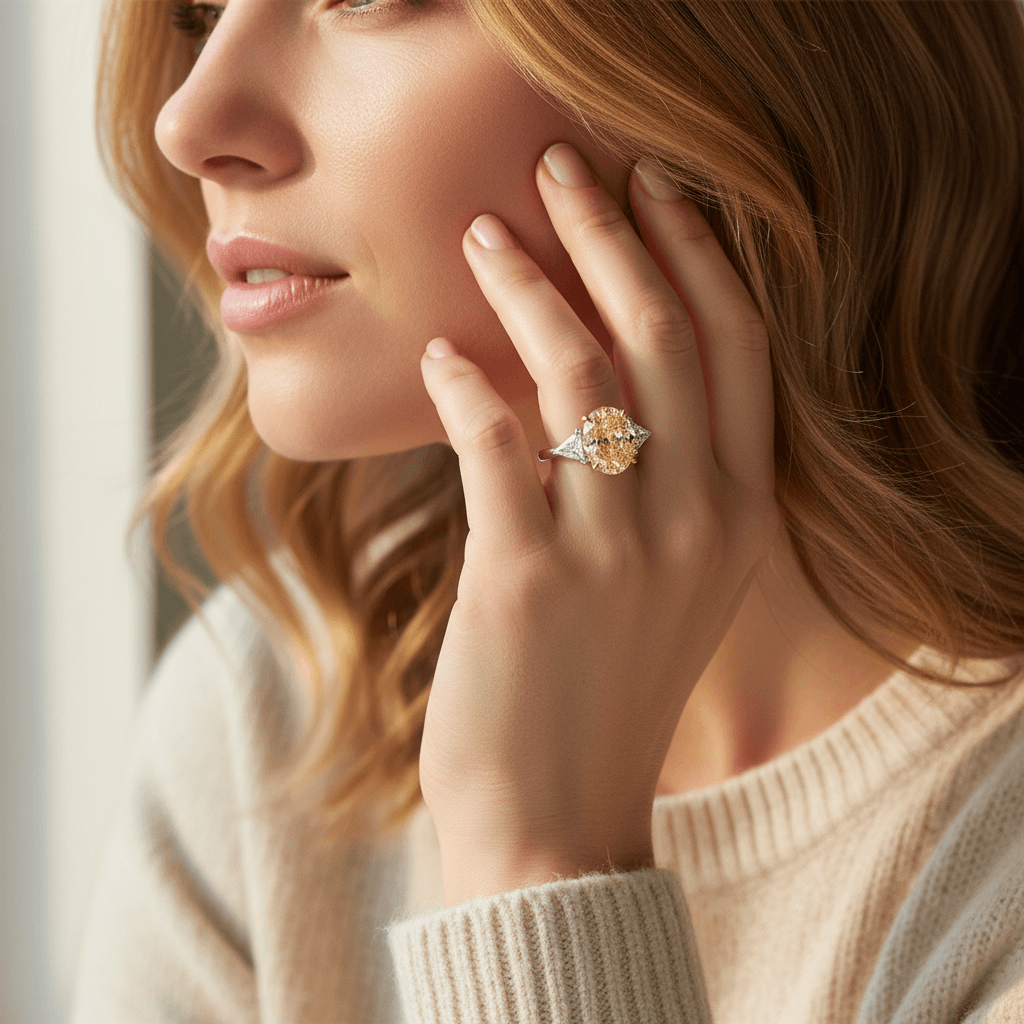 Yellow_Oval_Lab_Grown_Diamond_Triangle_Side_Engagement_Ring_On_Model