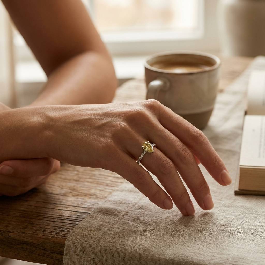 Yellow_Pear_Shape_Diamond_Fishtail_Setting_Engagement_Ring_On_Hand