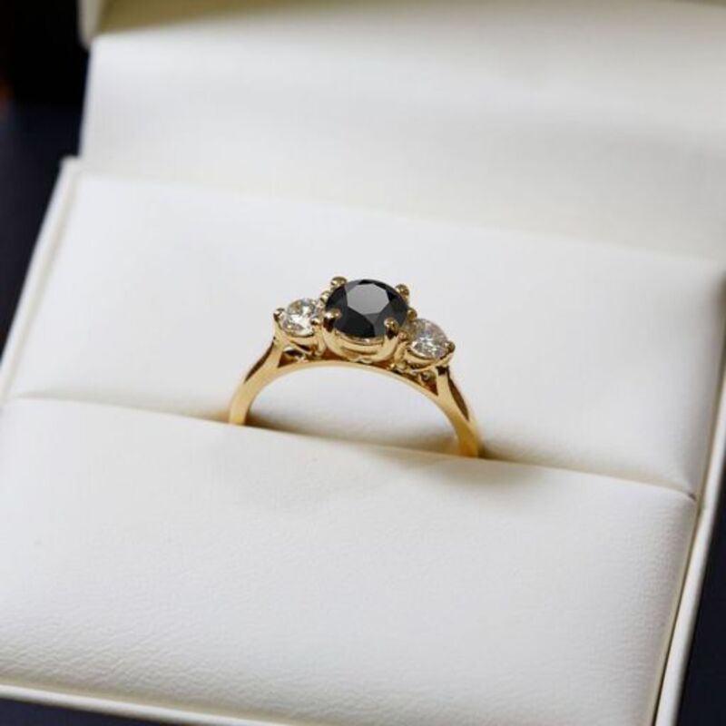 Round Cut Black Diamond Trilogy Yellow Gold Engagement Ring view 6