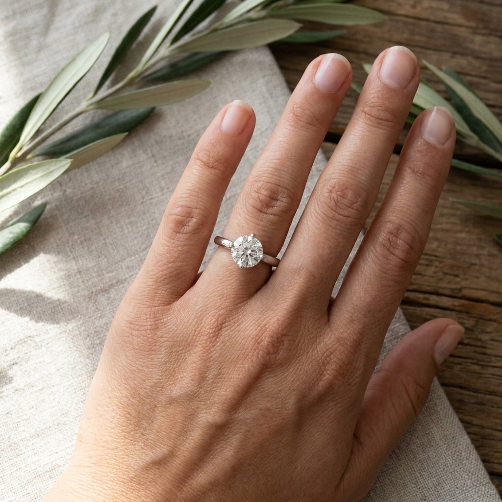 Compass Setting Solitaire Engagement Ring On Hand