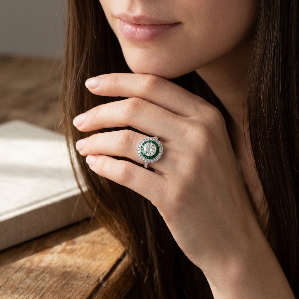 Art Deco Inspired Emerald and Diamond Halo Engagement Ring - alternate view