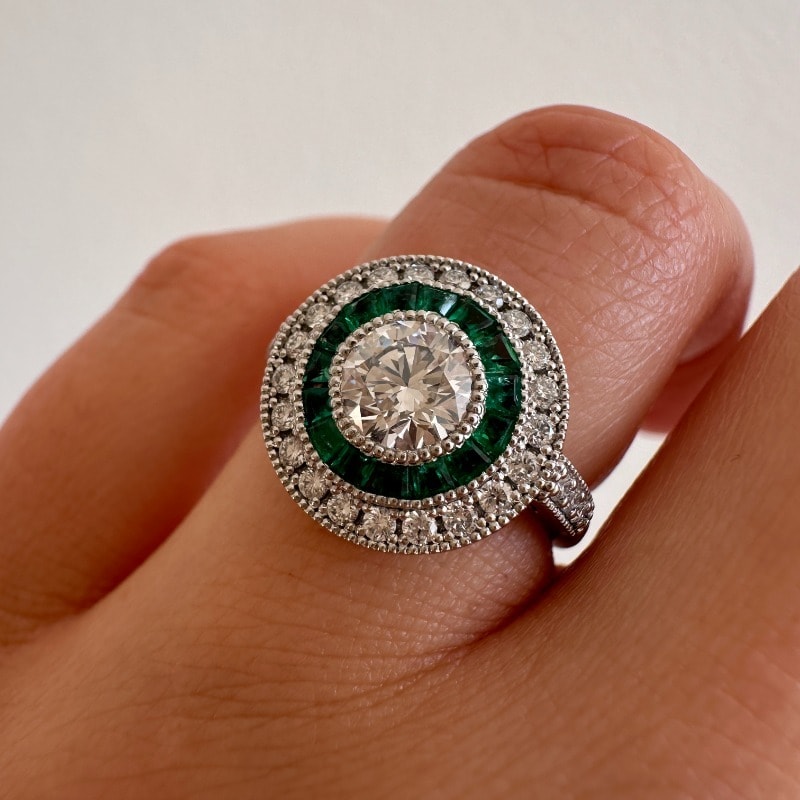 Art Deco Inspired Emerald and Diamond Halo Engagement Ring view 6