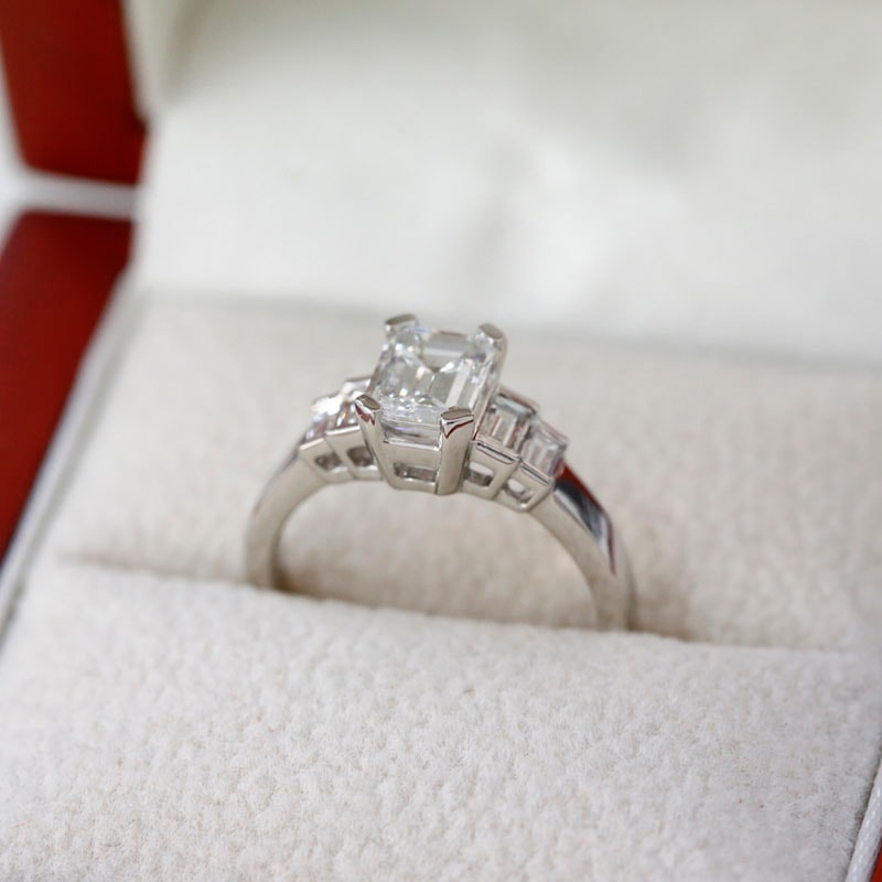 Art Deco Emerald Cut and Four Baguettes Diamond Engagement Ring in a Box
