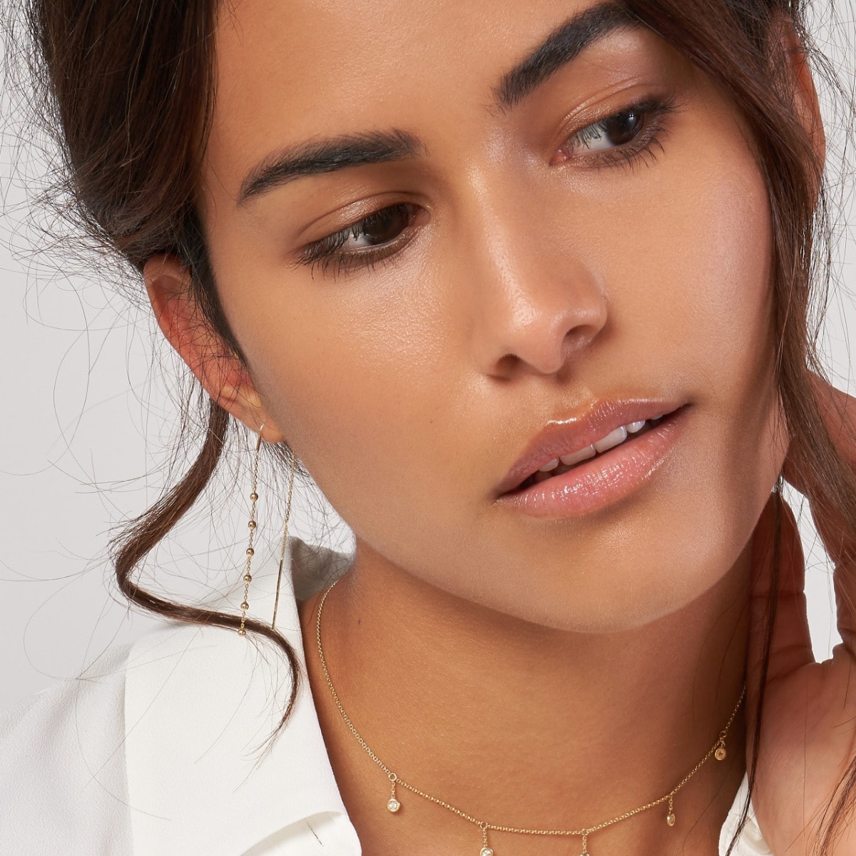 Gold Bead Accent Threader Earrings view 2