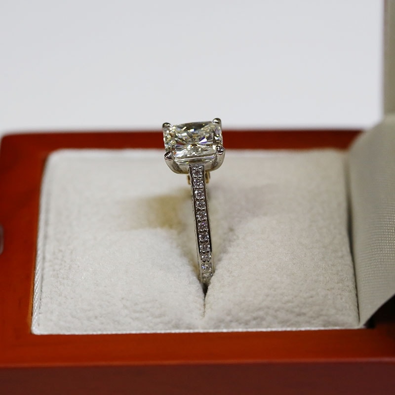 Bespoke Cushion Diamond Engagement Ring in a Box Side