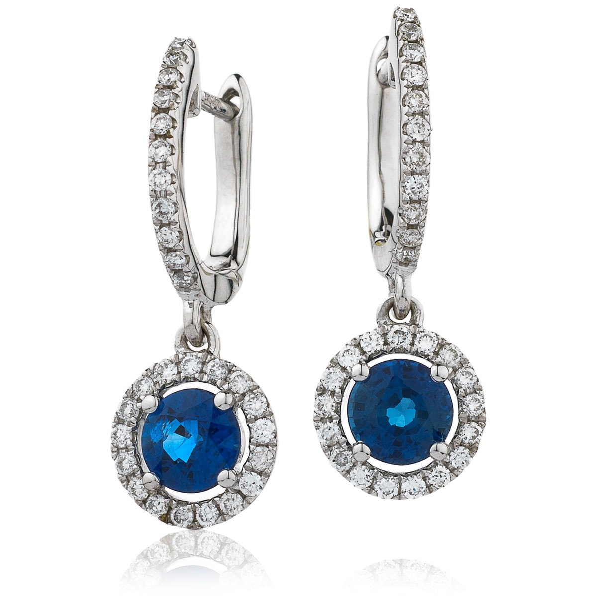 Blue Sapphire Halo Drop Hoops Diamond Earring