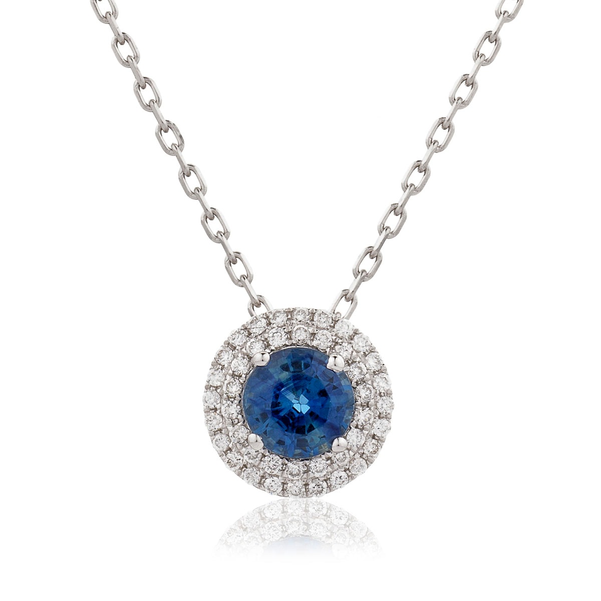 Blue Sapphire Double Halo Diamond Necklace view 1