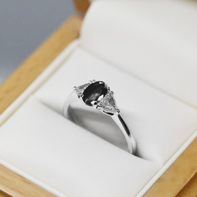 Black Diamond Oval Side Trilliant Platinum Engagement Ring view 6