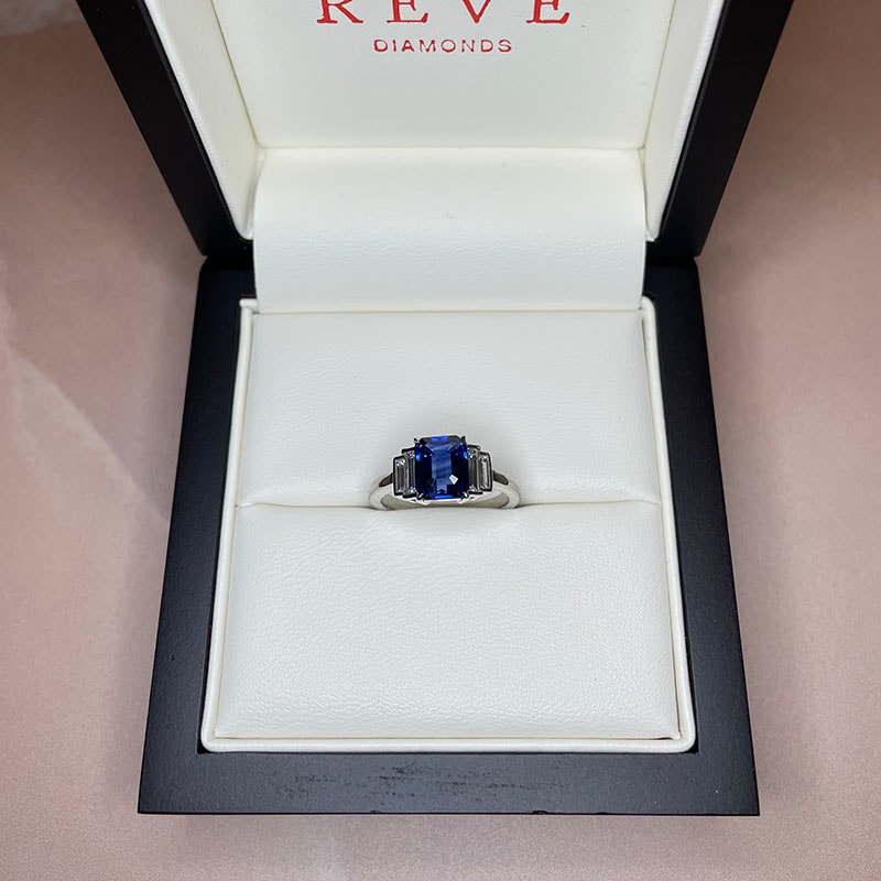 Blue Sapphire Emerald Shape and Side Baguettes Engagement Ring view 6