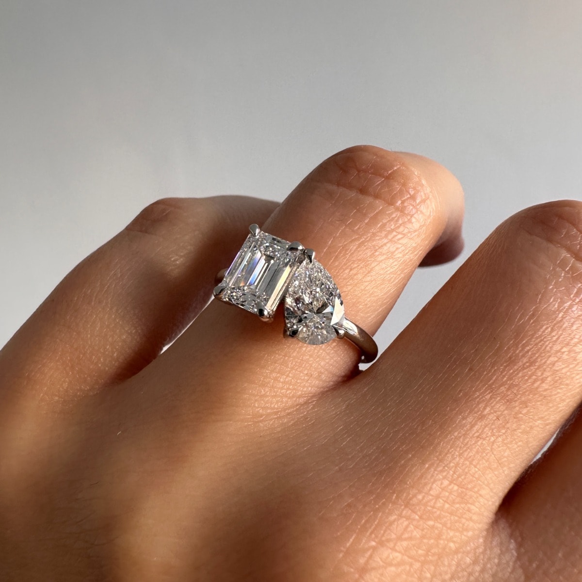 Toi et Moi Emerald and Pear Shaped Lab Grown Diamond Engagement Ring view 7