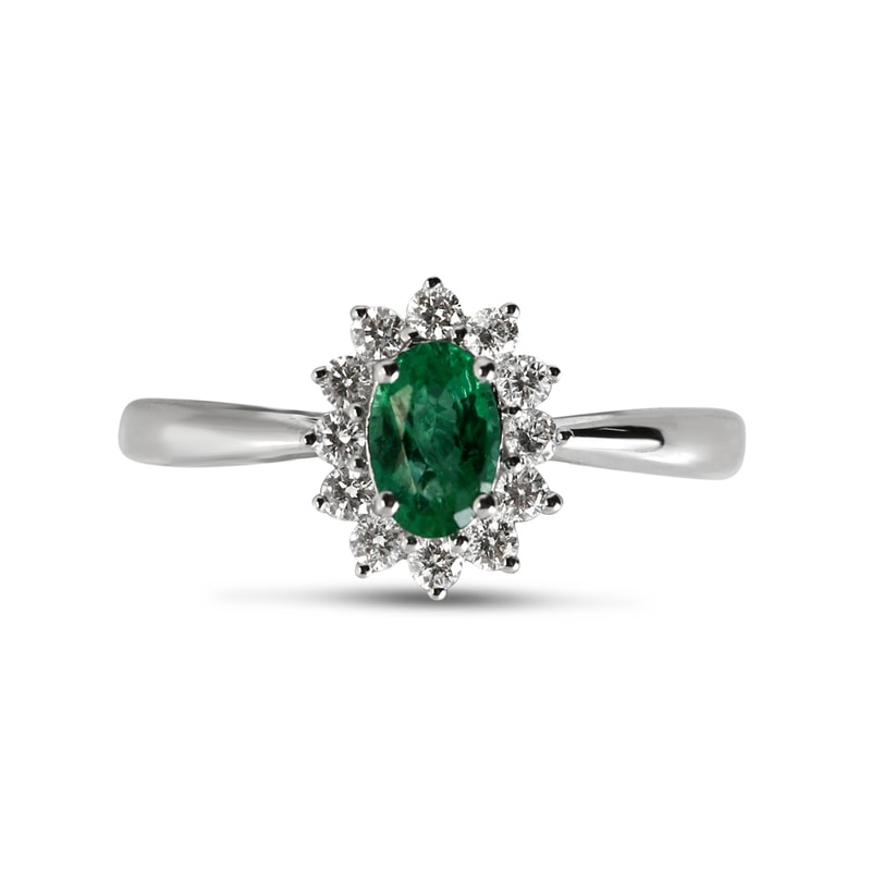Green Oval Shape Emerald Diamond Cluster Engagement Ring view 1