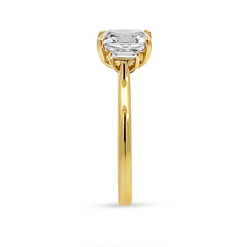 Elongated Lab Grown Cushion and Baguette Side Stone Trilogy Diamond Engagement Ring view 3
