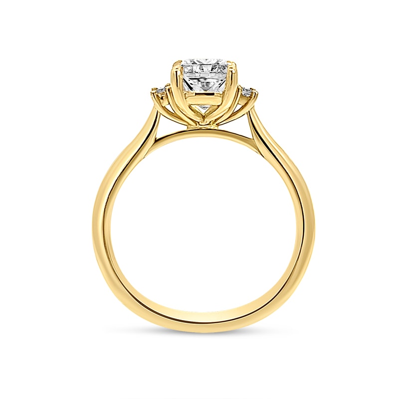 Elongated Lab Grown Cushion and Baguette Side Stone Trilogy Diamond Engagement Ring view 4