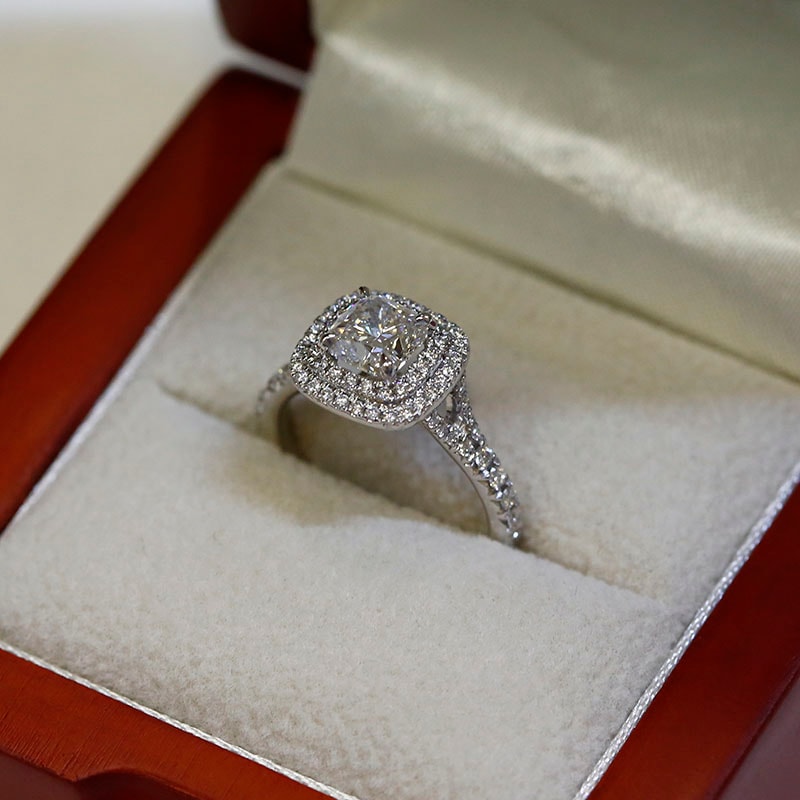 Cushion Cut Diamond Double Halo Split Shank Engagement Ring in a Box