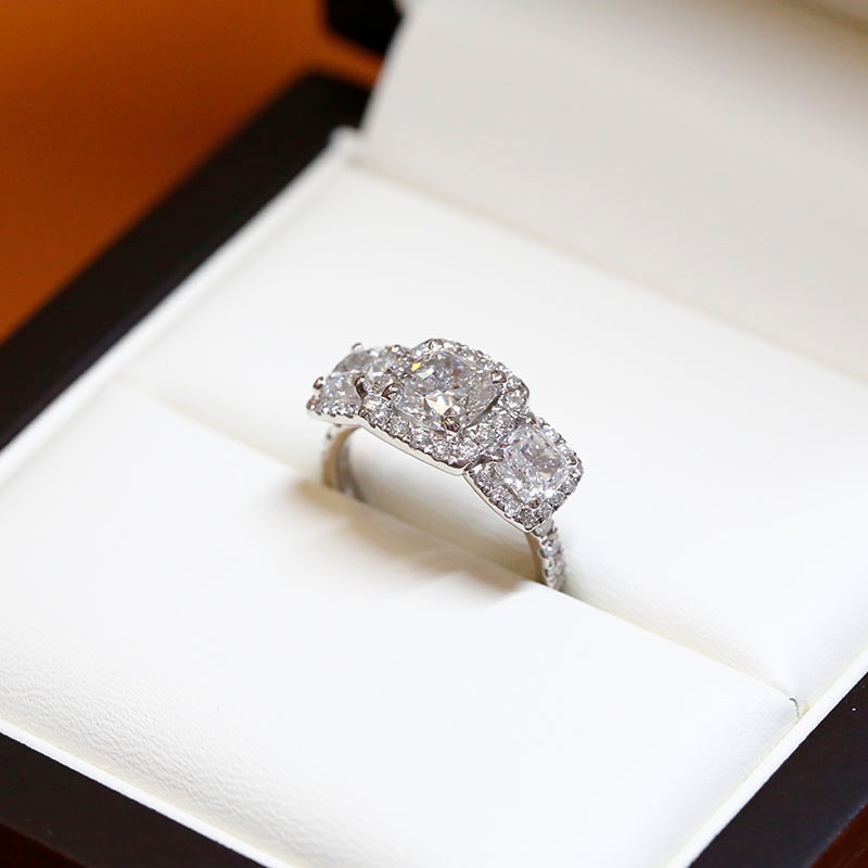 Cushion Cut Halo Trilogy Diamond Engagement Ring view 6