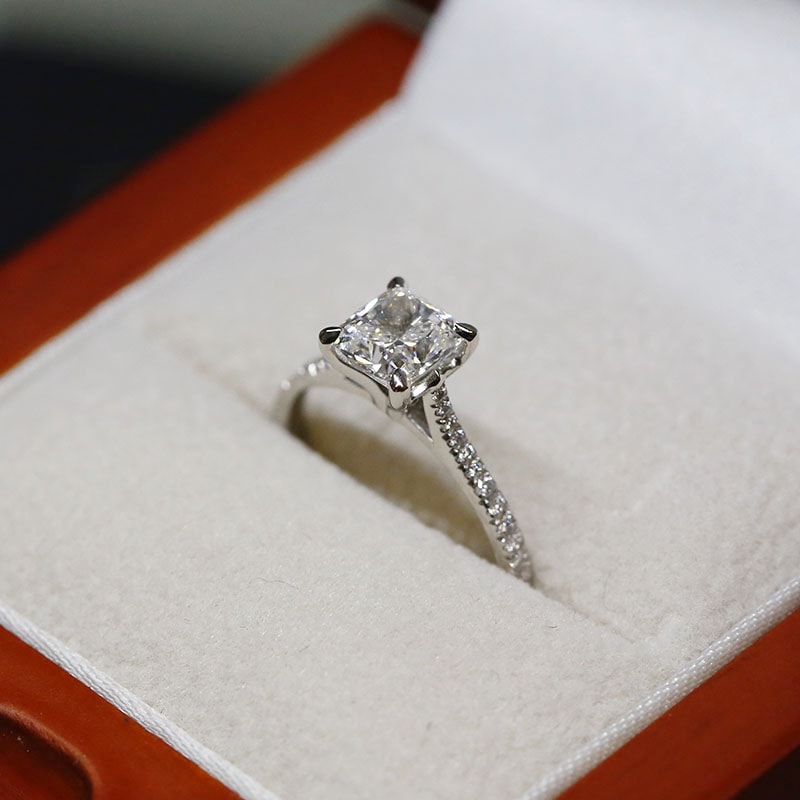 Cushion Cut Micro Set Floating Diamond Ring in a box