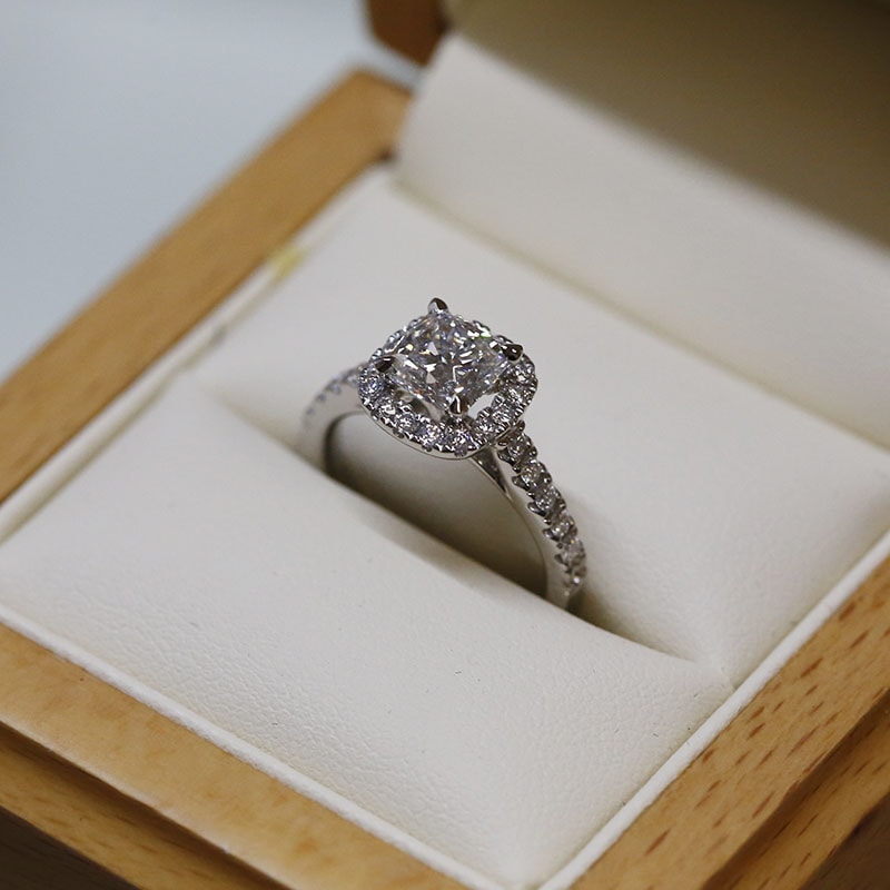 Cushion Halo Diamond Engagement Ring in a box