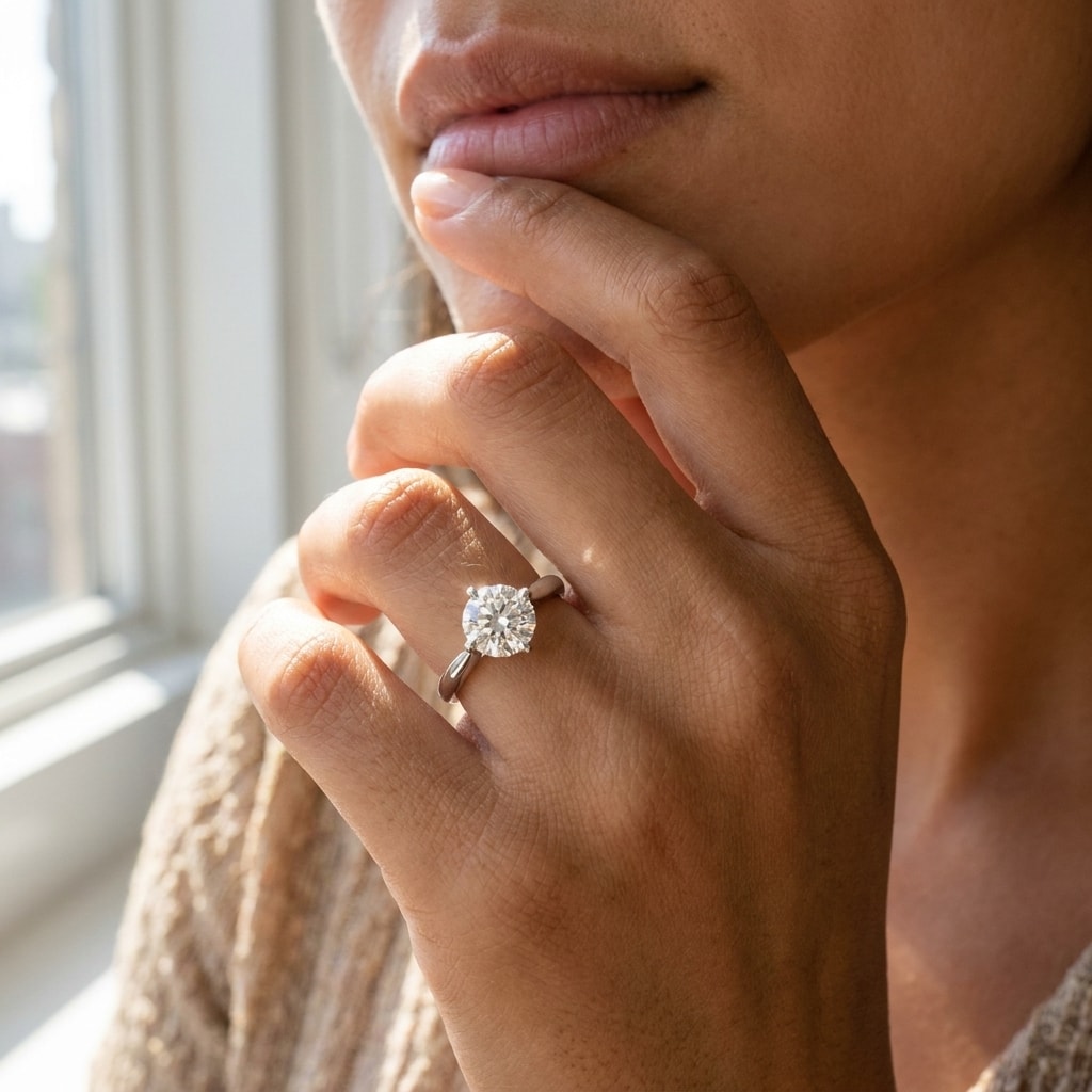 Compass Setting Solitaire Engagement Ring On Model