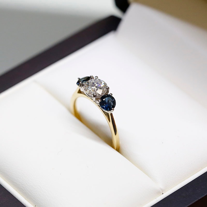 Lab Grown Round Diamond And Teal Sapphires Trilogy Engagement Ring view 6