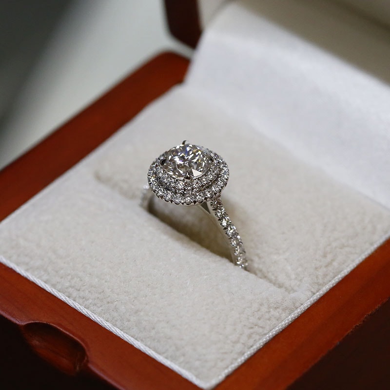 Double Halo Round Diamond Engagement Ring in a box