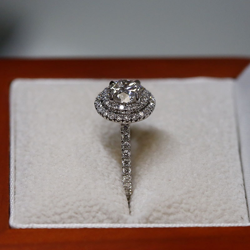 Double Halo Round Diamond Engagement Ring in a box side