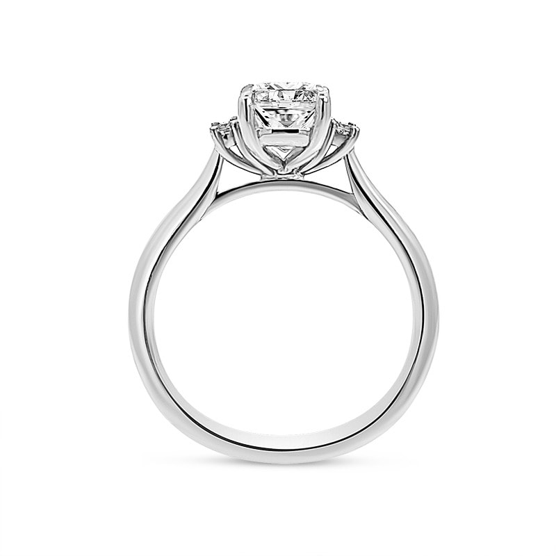 Elongated Cushion and Baguette Side Stone Trilogy Platinum Diamond Engagement Ring view 5