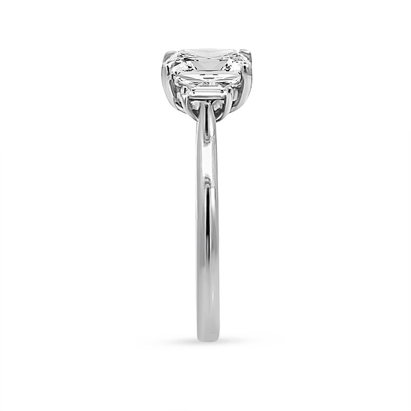 Elongated Cushion and Baguette Side Stone Trilogy Platinum Diamond Engagement Ring view 3