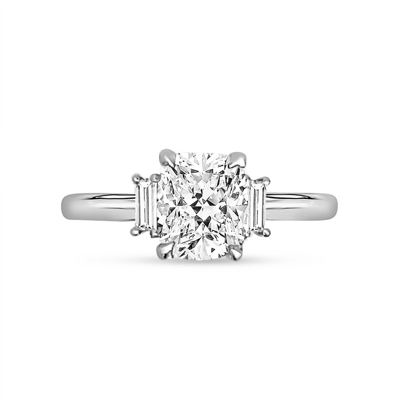 Elongated Lab Grown Cushion and Baguette Side Stone Trilogy Platinum Diamond Engagement Ring view 1