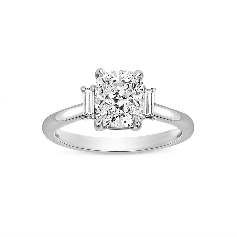Elongated Lab Grown Cushion and Baguette Side Stone Trilogy Platinum Diamond Engagement Ring view 4