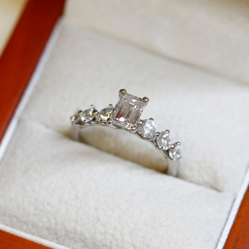 Emerald Shape Seven Stones Design Lab Grown Diamond Engagement Ring view 6