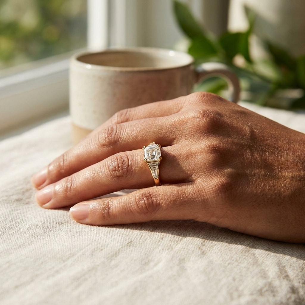 Asscher Shape Trapezoid and Bullets Side Lab Grown Yellow Gold Diamond Engagement Ring On Hand
